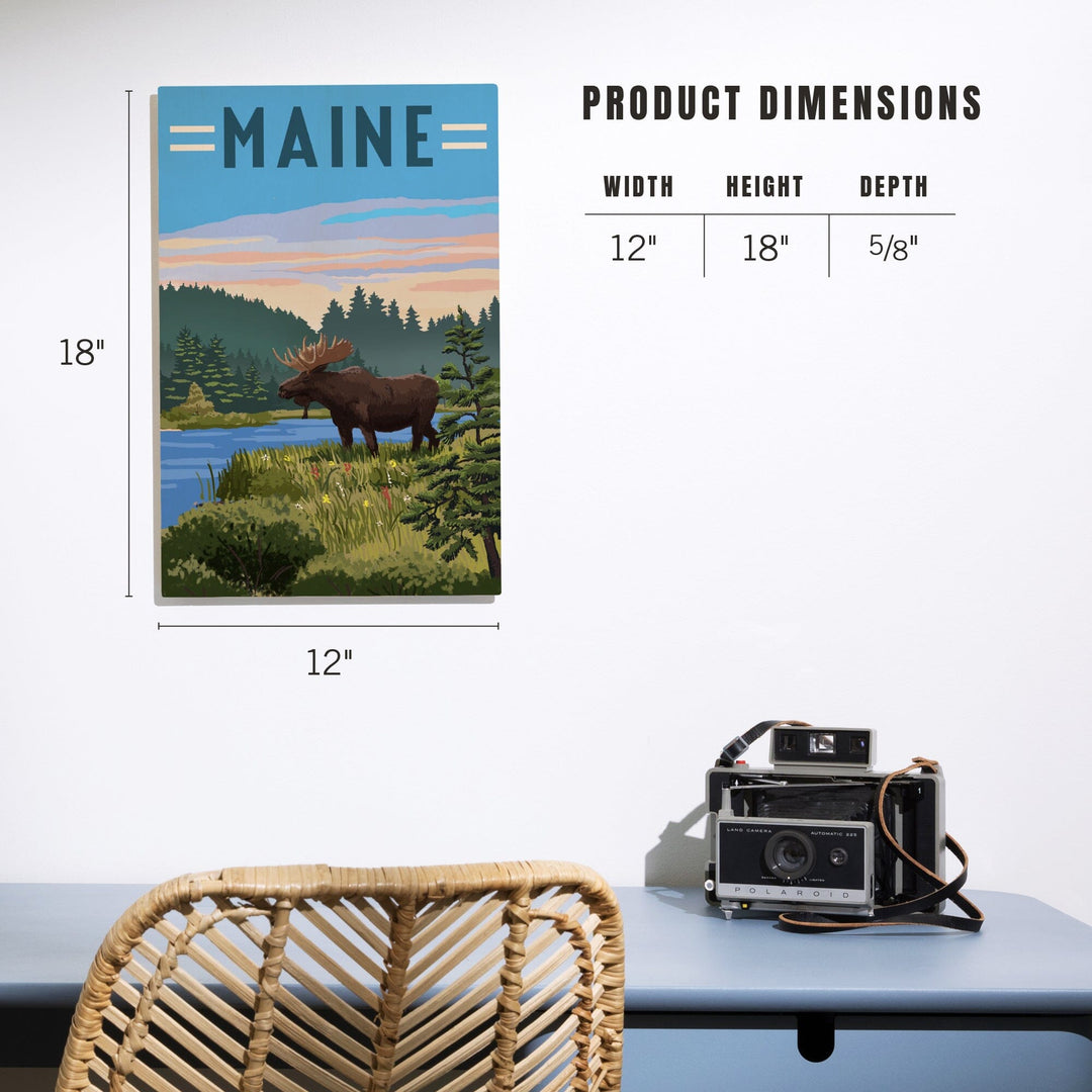 Maine, Moose, Summer Scene, Lantern Press Artwork, Wood Signs and Postcards - Lantern Press