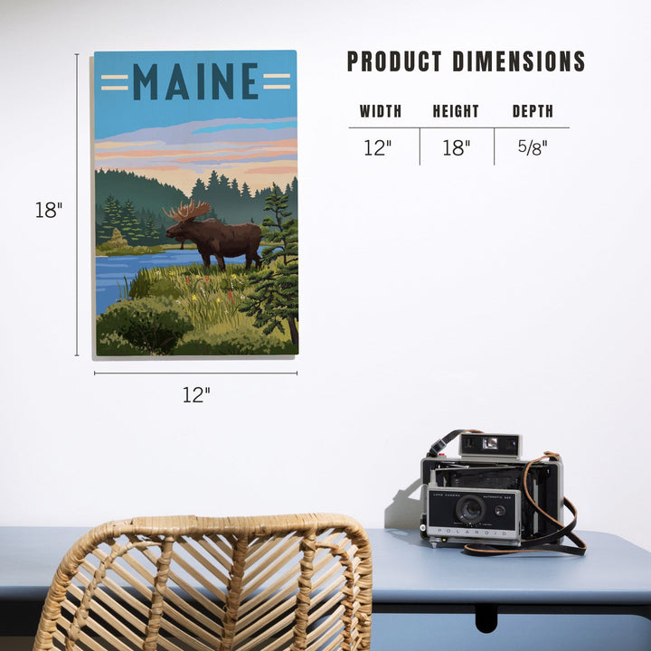 Maine, Moose, Summer Scene, Lantern Press Artwork, Wood Signs and Postcards - Lantern Press