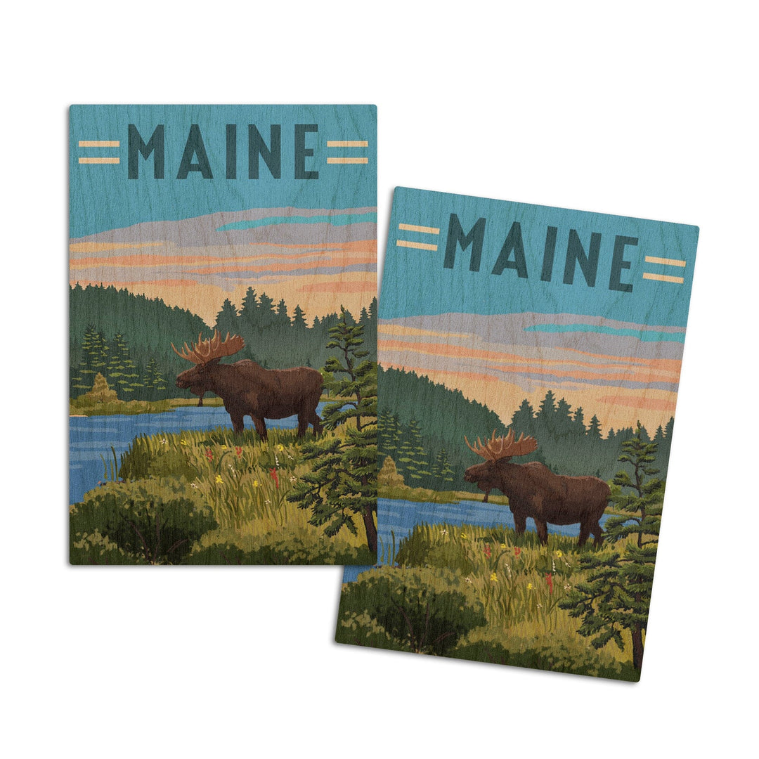 Maine, Moose, Summer Scene, Lantern Press Artwork, Wood Signs and Postcards - Lantern Press