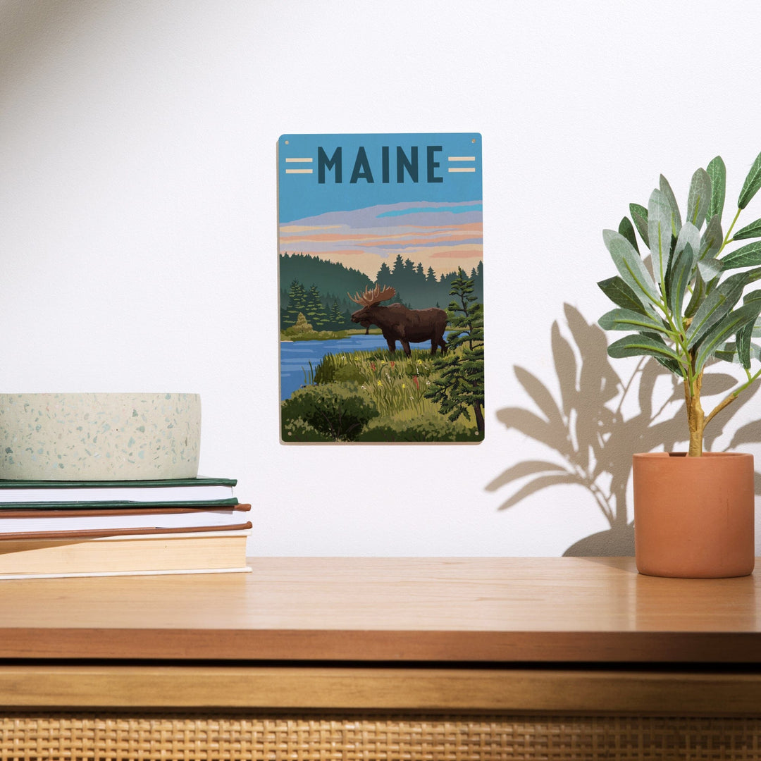 Maine, Moose, Summer Scene, Lantern Press Artwork, Wood Signs and Postcards - Lantern Press
