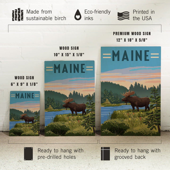 Maine, Moose, Summer Scene, Lantern Press Artwork, Wood Signs and Postcards - Lantern Press