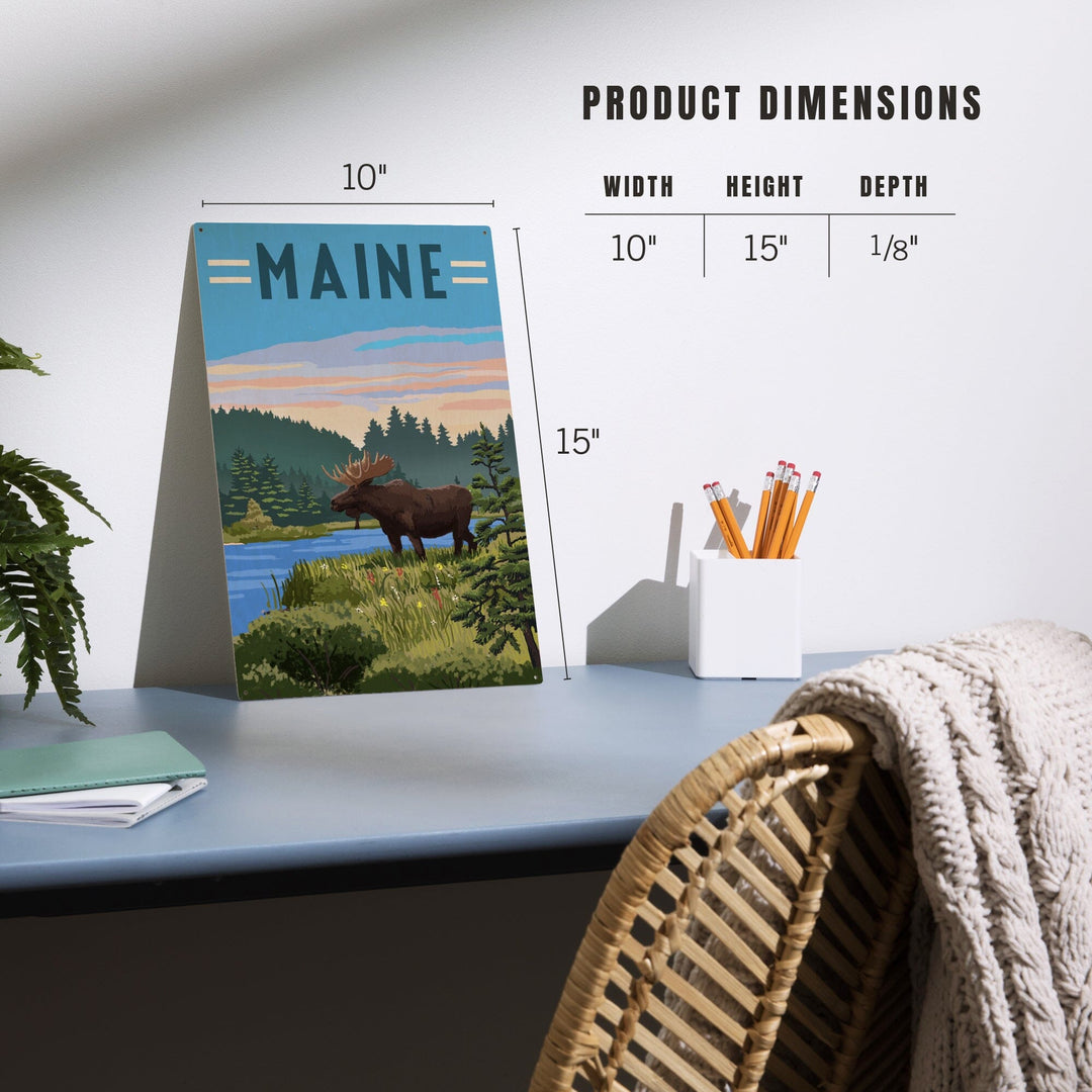 Maine, Moose, Summer Scene, Lantern Press Artwork, Wood Signs and Postcards - Lantern Press