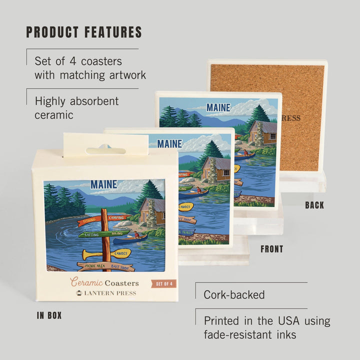 Maine, Signpost, River, Coasters Coasters Lantern Press