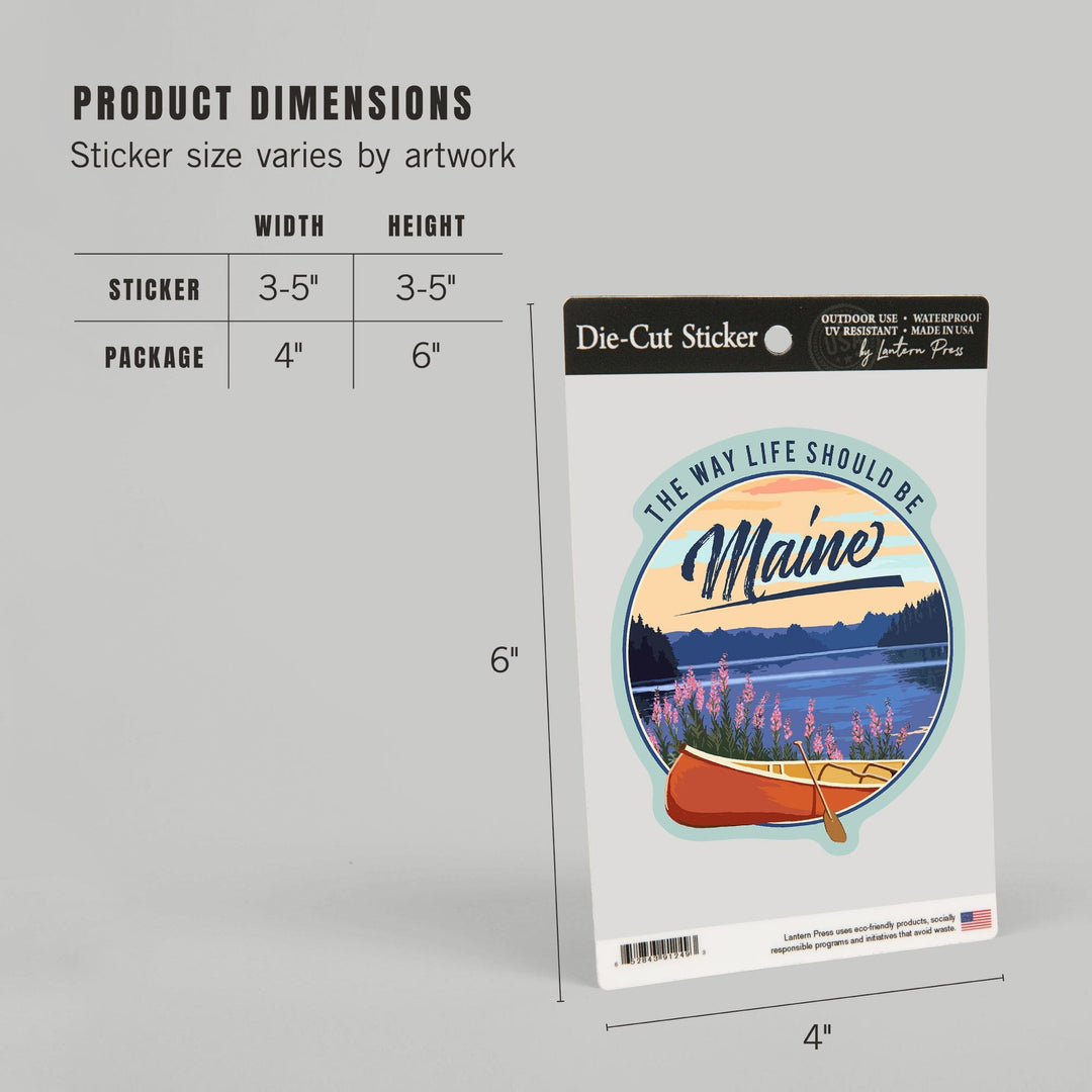 Maine, The Way Life Should Be, Canoe and Lake, Contour, Vinyl Sticker Sticker Lantern Press