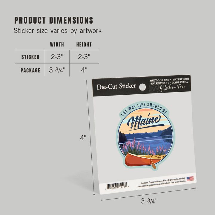 Maine, The Way Life Should Be, Canoe and Lake, Contour, Vinyl Sticker Sticker Lantern Press