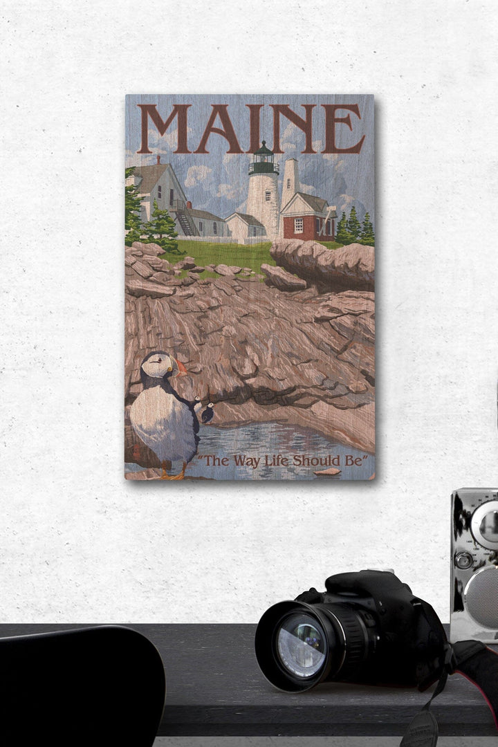 Maine, The Way Life Should Be, Lighthouse and Puffin, Lantern Press Artwork, Wood Signs and Postcards - Lantern Press