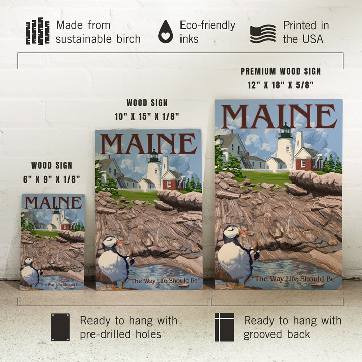 Maine, The Way Life Should Be, Lighthouse and Puffin, Lantern Press Artwork, Wood Signs and Postcards - Lantern Press