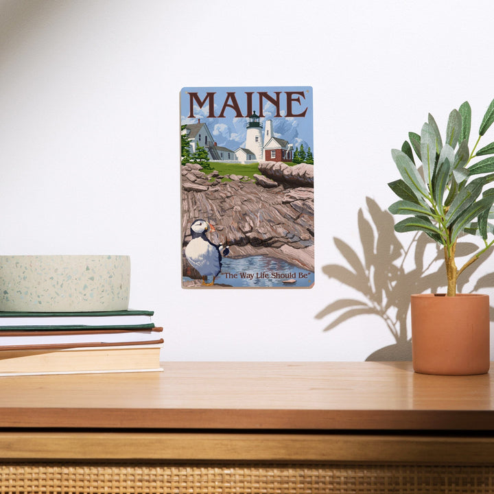 Maine, The Way Life Should Be, Lighthouse and Puffin, Lantern Press Artwork, Wood Signs and Postcards - Lantern Press