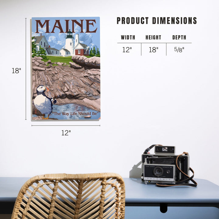 Maine, The Way Life Should Be, Lighthouse and Puffin, Lantern Press Artwork, Wood Signs and Postcards - Lantern Press