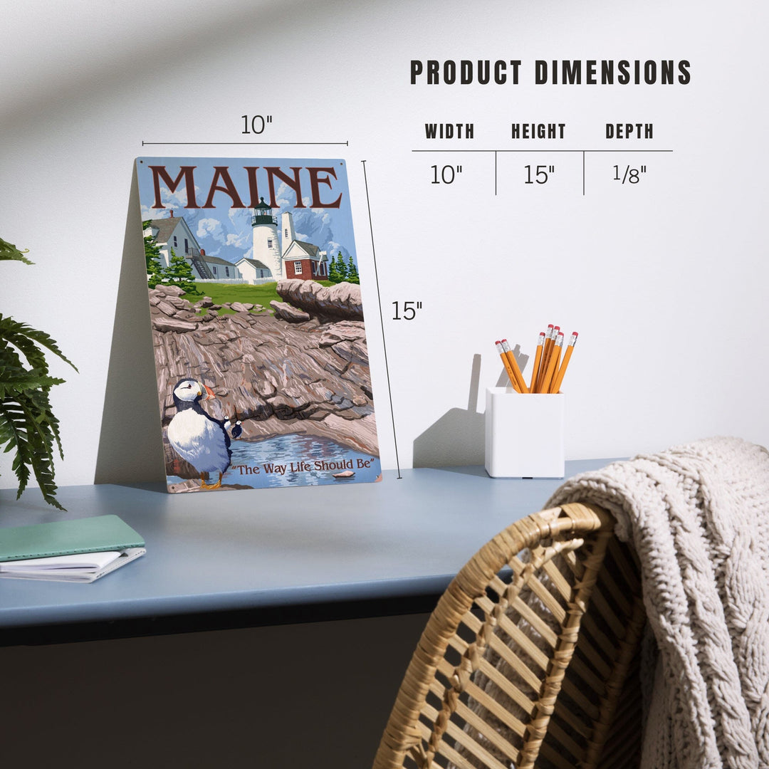Maine, The Way Life Should Be, Lighthouse and Puffin, Lantern Press Artwork, Wood Signs and Postcards - Lantern Press
