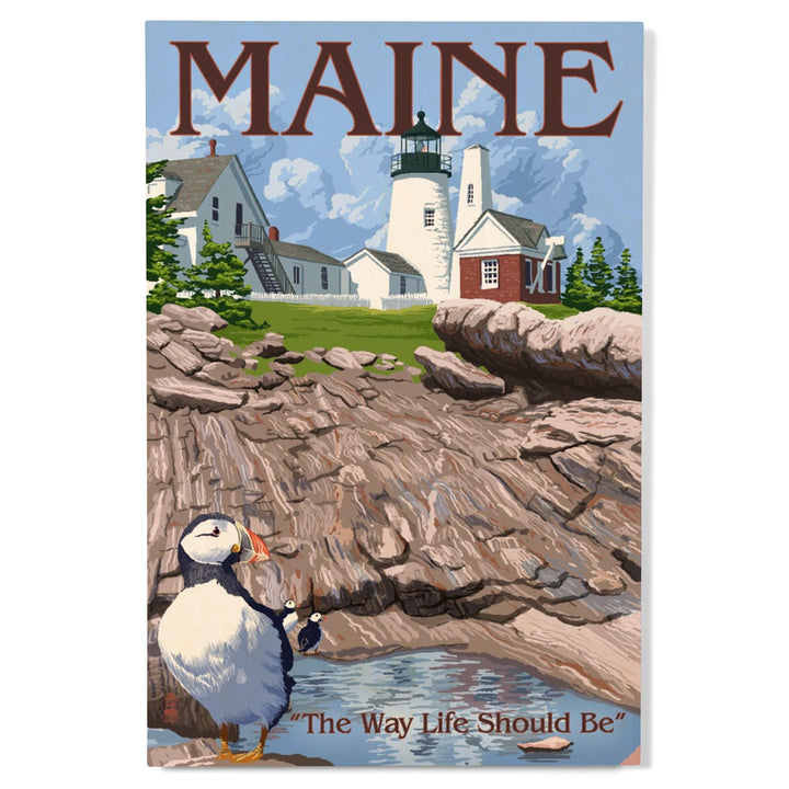 Maine, The Way Life Should Be, Lighthouse and Puffin, Lantern Press Artwork, Wood Signs and Postcards - Lantern Press