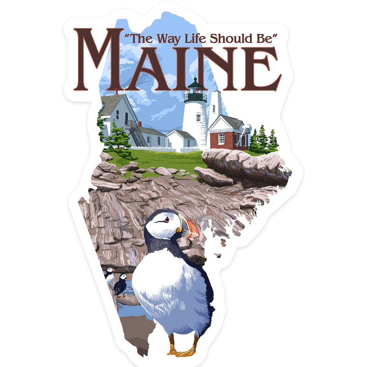 Maine, The Way Life Should Be, Pemaquid Lighthouse, Contour, Vinyl Sticker Sticker Lantern Press