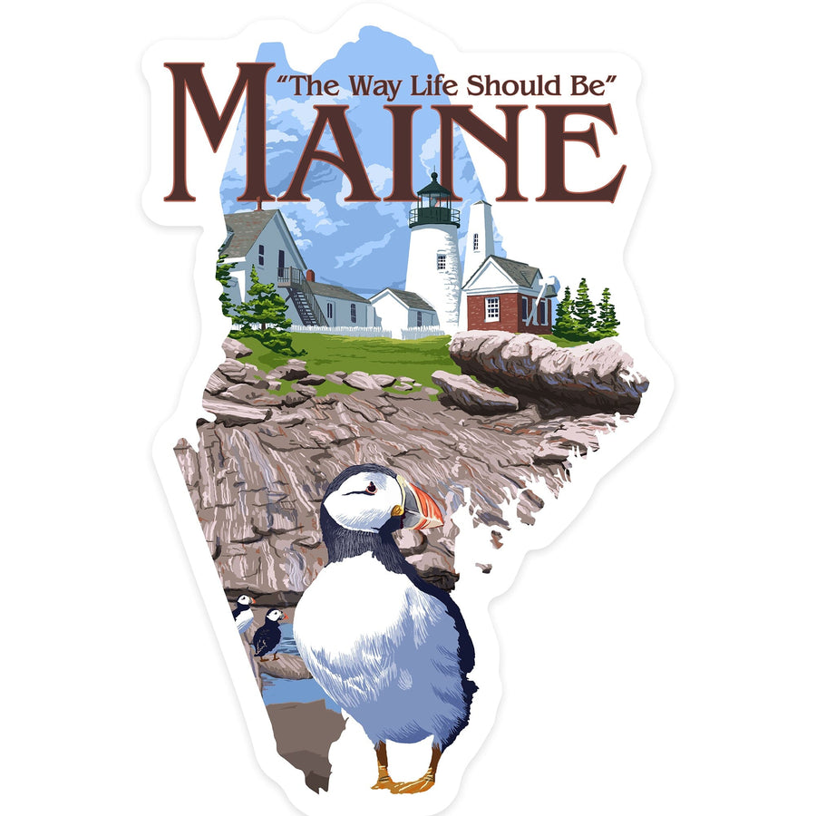 Maine, The Way Life Should Be, Pemaquid Lighthouse, Contour, Vinyl Sticker Sticker Lantern Press