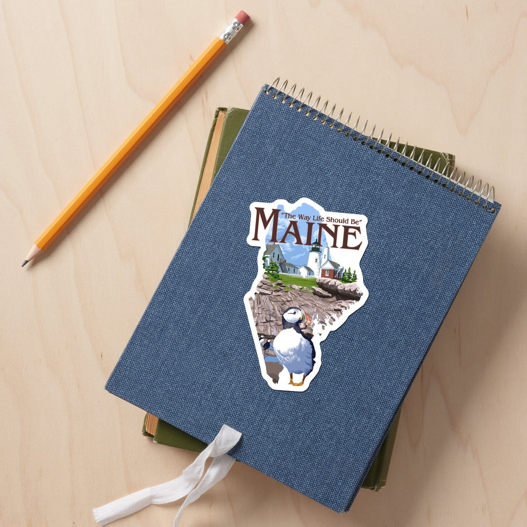 Maine, The Way Life Should Be, Pemaquid Lighthouse, Contour, Vinyl Sticker Sticker Lantern Press