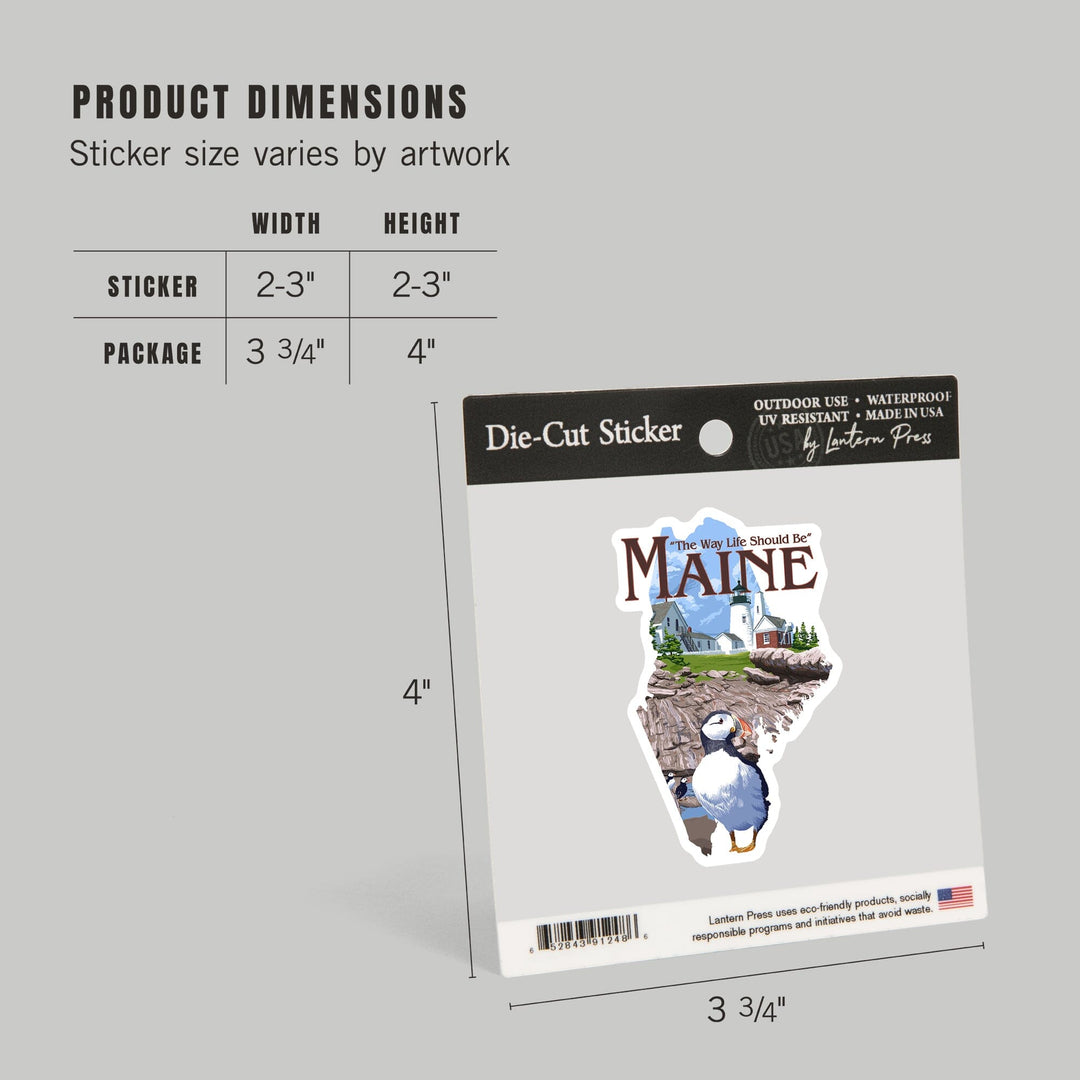 Maine, The Way Life Should Be, Pemaquid Lighthouse, Contour, Vinyl Sticker Sticker Lantern Press
