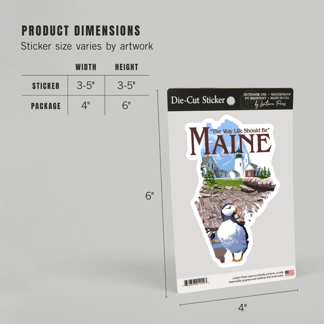 Maine, The Way Life Should Be, Pemaquid Lighthouse, Contour, Vinyl Sticker Sticker Lantern Press