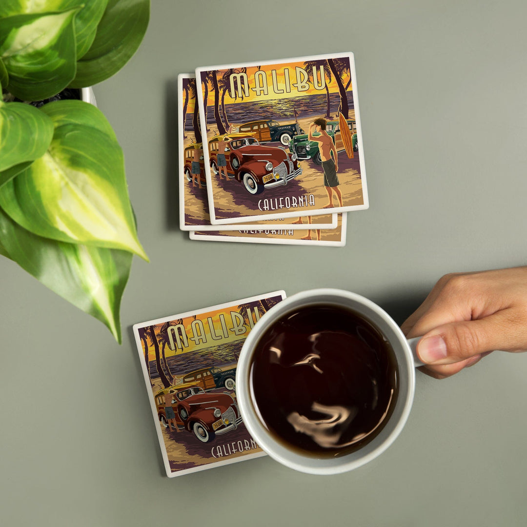 Malibu, California, Woodies on the Beach, Coasters Coasters Lantern Press