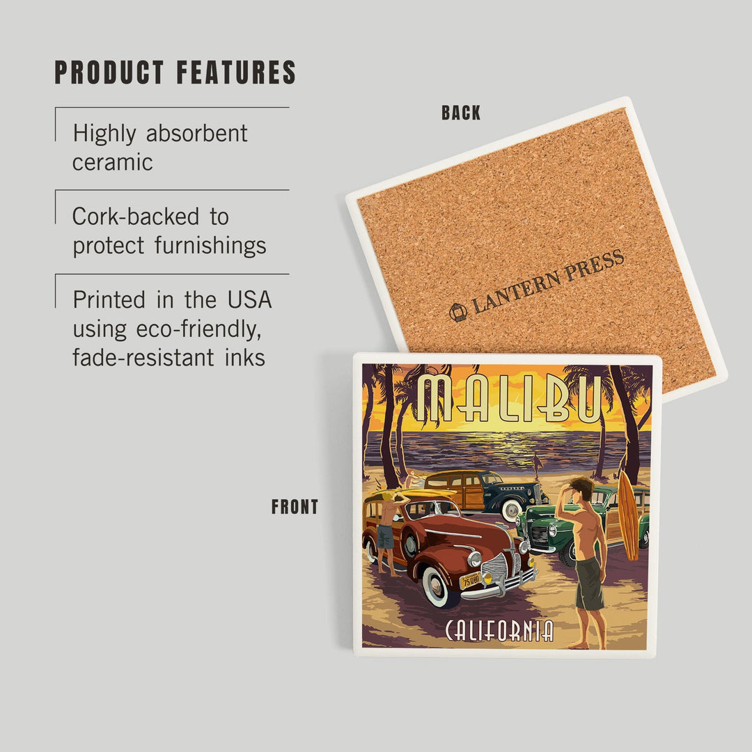Malibu, California, Woodies on the Beach, Coasters Coasters Lantern Press