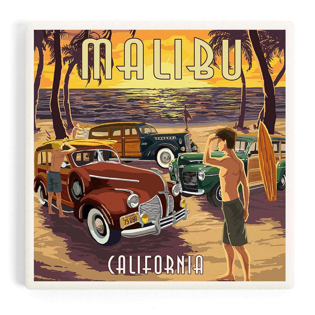 Malibu, California, Woodies on the Beach, Coasters Coasters Lantern Press Coaster