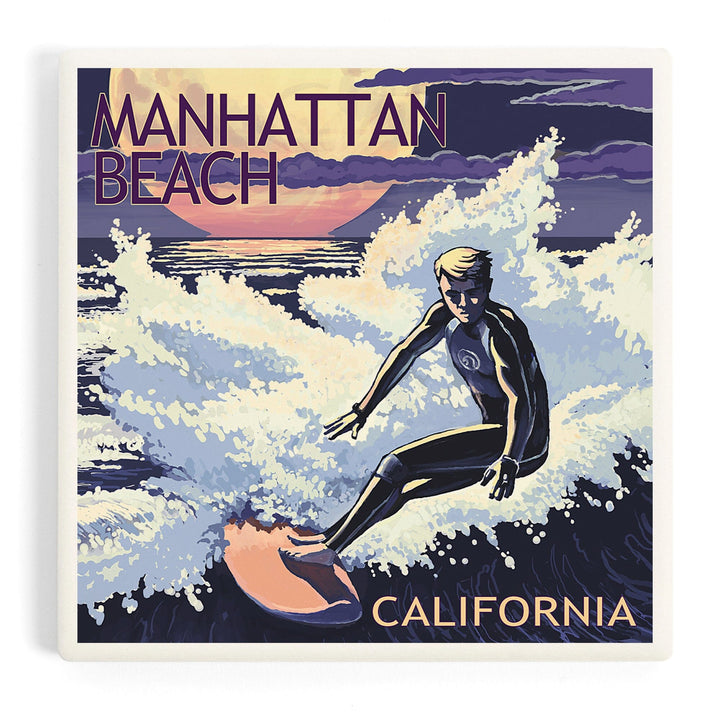 Manhattan Beach, California, Night Surfer, Coasters Coasters Lantern Press Coaster