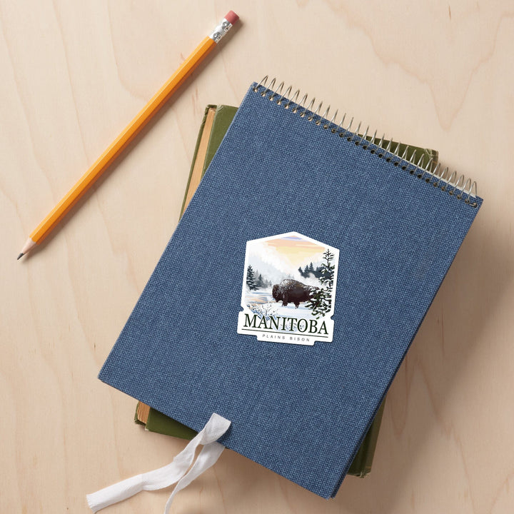 Manitoba, Canada, Bison Snow Scene, Contour, Lantern Press Artwork, Vinyl Sticker - Lantern Press