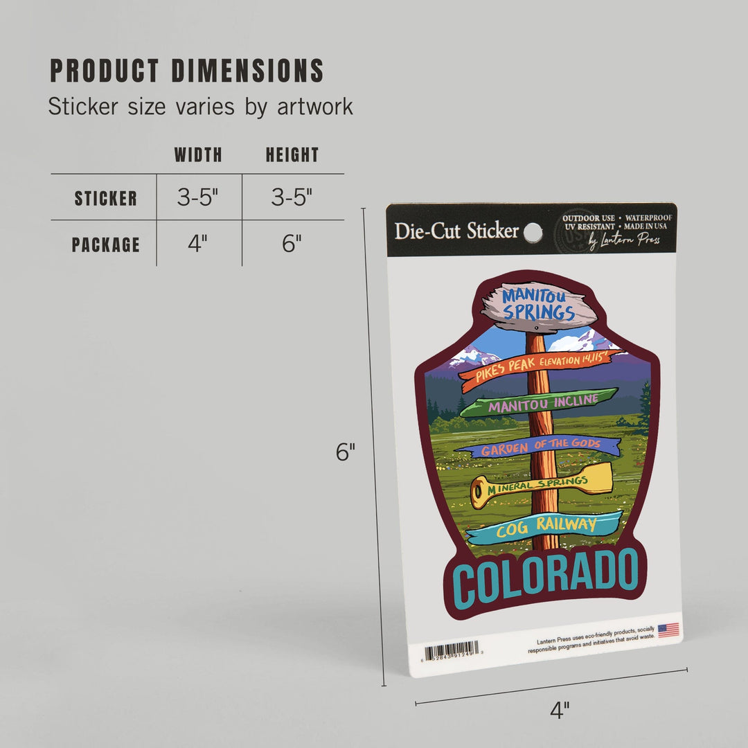 Manitou Springs, Colorado, Destination Signpost, Contour, Lantern Press Artwork, Vinyl Sticker - Lantern Press