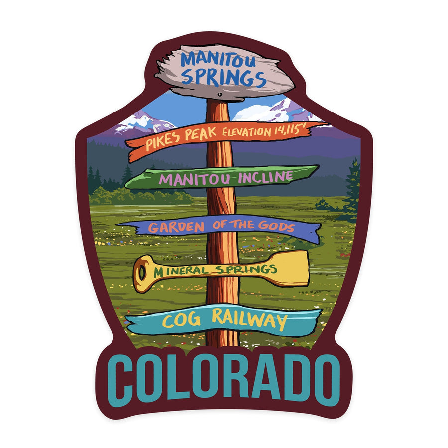 Manitou Springs, Colorado, Destination Signpost, Contour, Lantern Press Artwork, Vinyl Sticker - Lantern Press