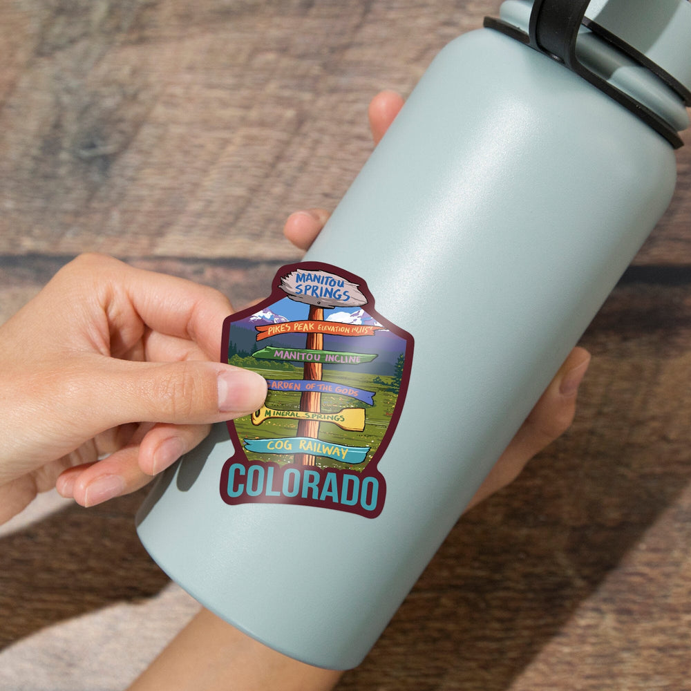 Manitou Springs, Colorado, Destination Signpost, Contour, Lantern Press Artwork, Vinyl Sticker - Lantern Press