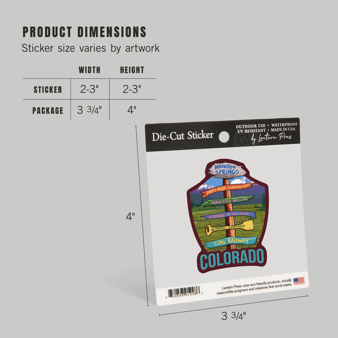 Manitou Springs, Colorado, Destination Signpost, Contour, Lantern Press Artwork, Vinyl Sticker - Lantern Press
