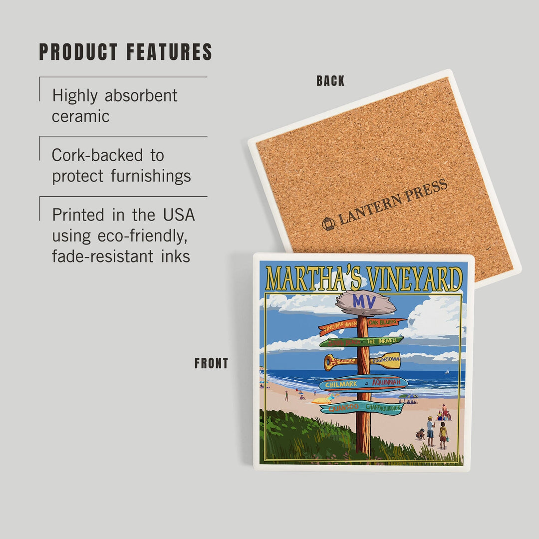 Martha's Vineyard, Massachusetts, Destinations Sign, Coasters Coasters Lantern Press
