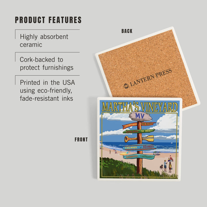 Martha's Vineyard, Massachusetts, Destinations Sign, Coasters Coasters Lantern Press