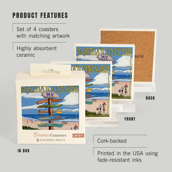 Martha's Vineyard, Massachusetts, Destinations Sign, Coasters Coasters Lantern Press