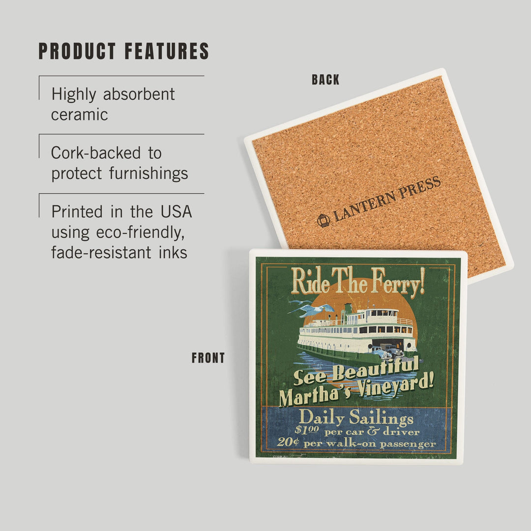 Martha's Vineyard, Massachusetts, Ferry Ride Vintage Sign, Coasters Coasters Lantern Press