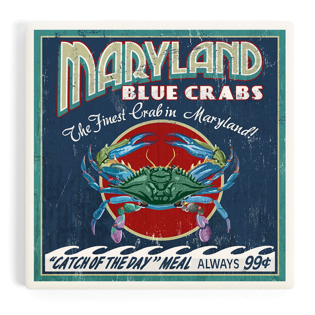 Maryland, Blue Crabs Vintage Sign, Coasters Coasters Lantern Press Coaster