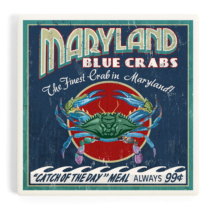 Maryland, Blue Crabs Vintage Sign, Coasters Coasters Lantern Press Coaster