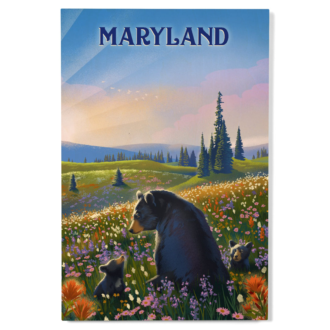 Maryland, Lithograph, Bear Family in Field, Wood Signs and Postcards Wood Lantern Press