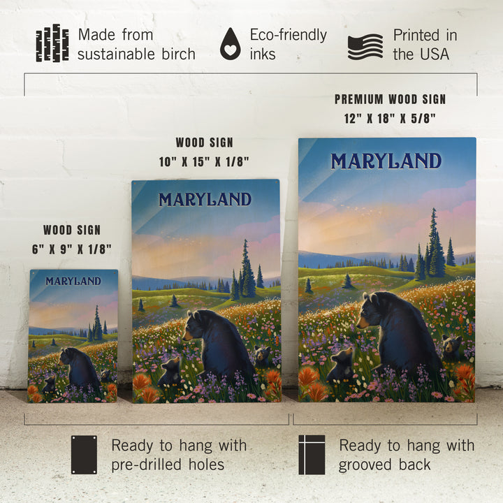 Maryland, Lithograph, Bear Family in Field, Wood Signs and Postcards Wood Lantern Press