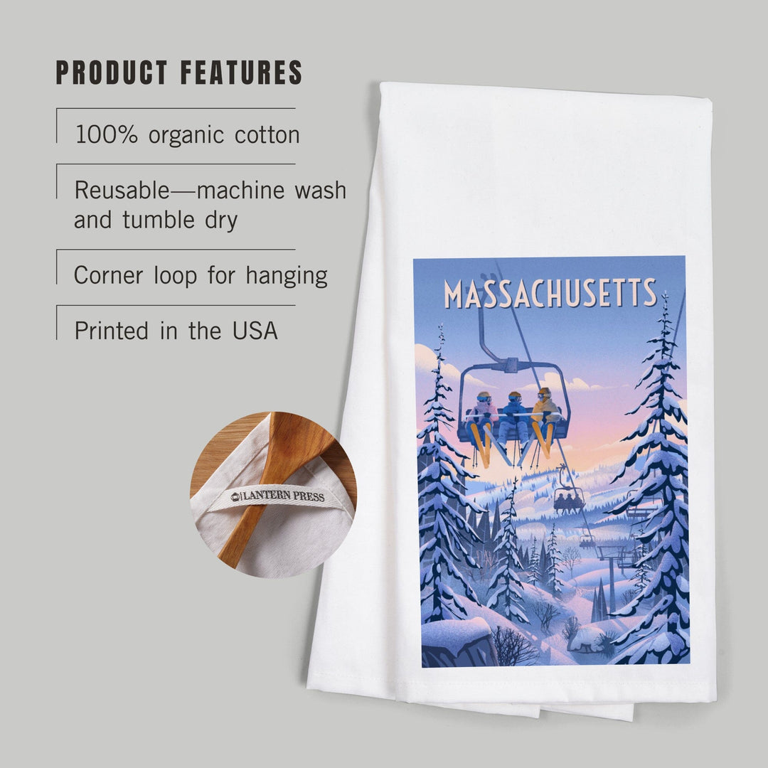 Massachusetts, Chill on the Uphill, Ski Lift, Organic Cotton Kitchen Tea Towels Kitchen Lantern Press