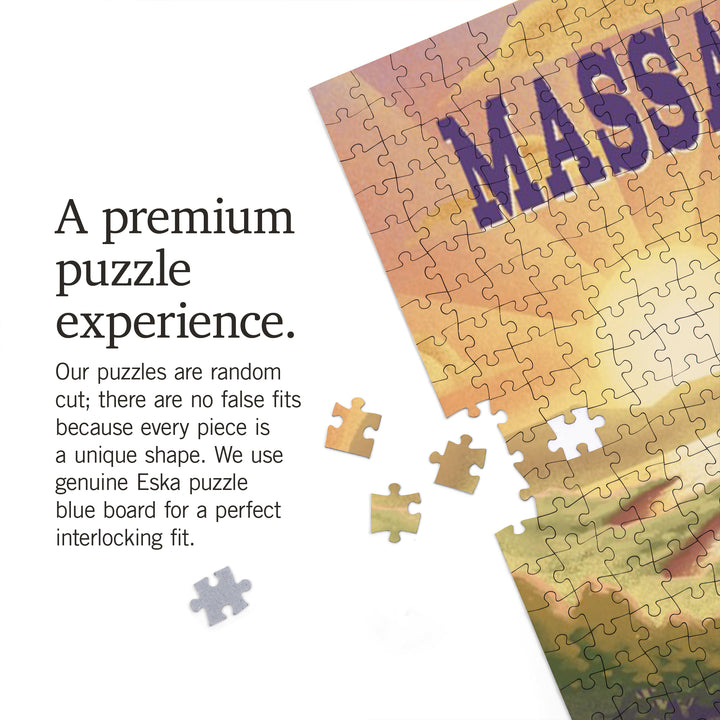 Massachusetts, Lithograph, Bear and Spring Flowers, Lake, Jigsaw Puzzle Puzzle Lantern Press