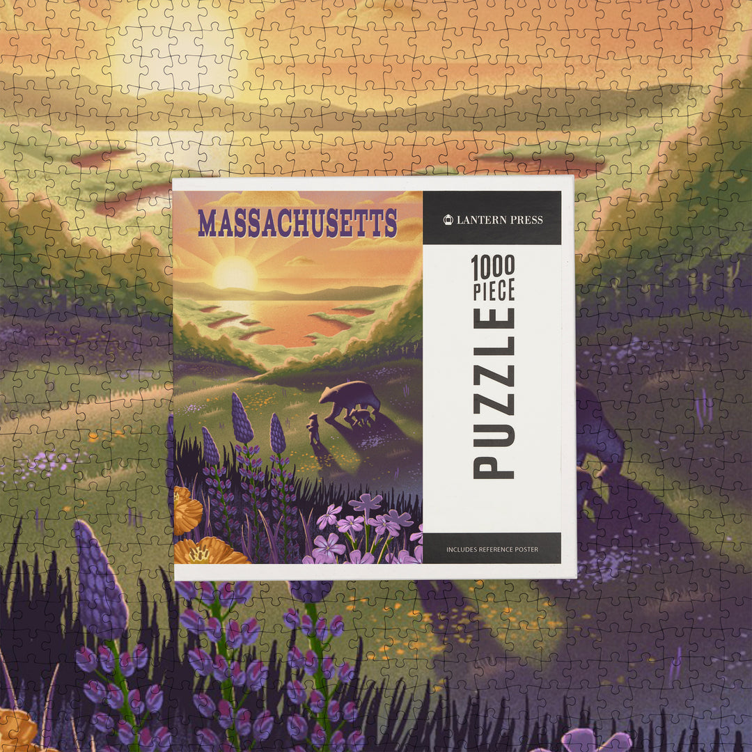 Massachusetts, Lithograph, Bear and Spring Flowers, Lake, Jigsaw Puzzle Puzzle Lantern Press