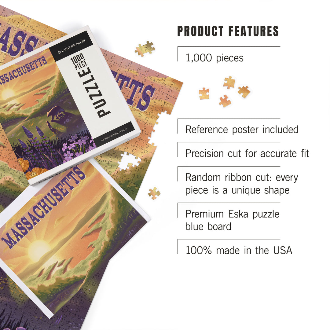 Massachusetts, Lithograph, Bear and Spring Flowers, Lake, Jigsaw Puzzle Puzzle Lantern Press