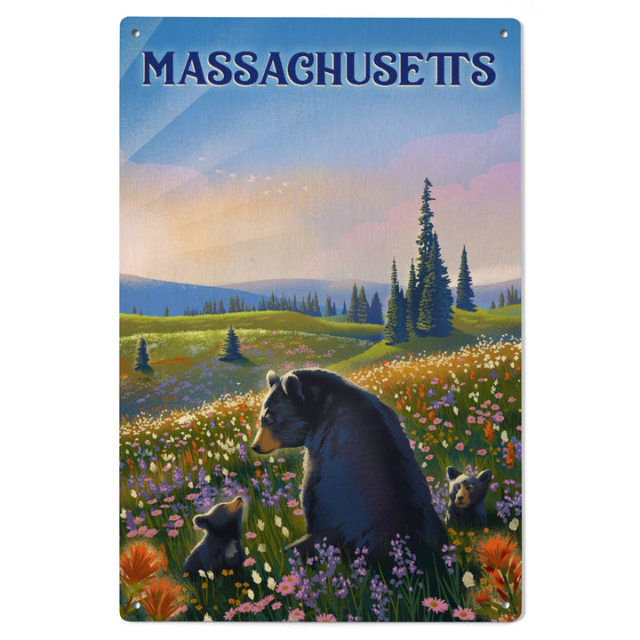 Massachusetts, Lithograph, Bear Family in Field, Wood Signs and Postcards Wood Lantern Press