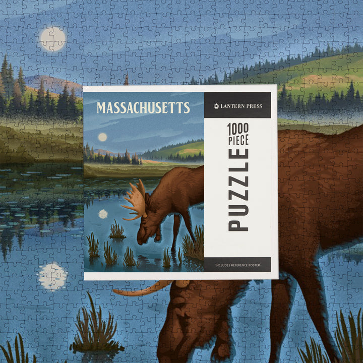 Massachusetts, Lithograph, Reflection Pond and Bull Moose, Jigsaw Puzzle Puzzle Lantern Press