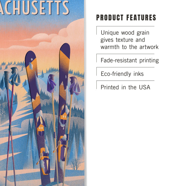 Massachusetts, Prepare for Takeoff, Skis in Snowbank, Wood Signs and Postcards Wood Lantern Press