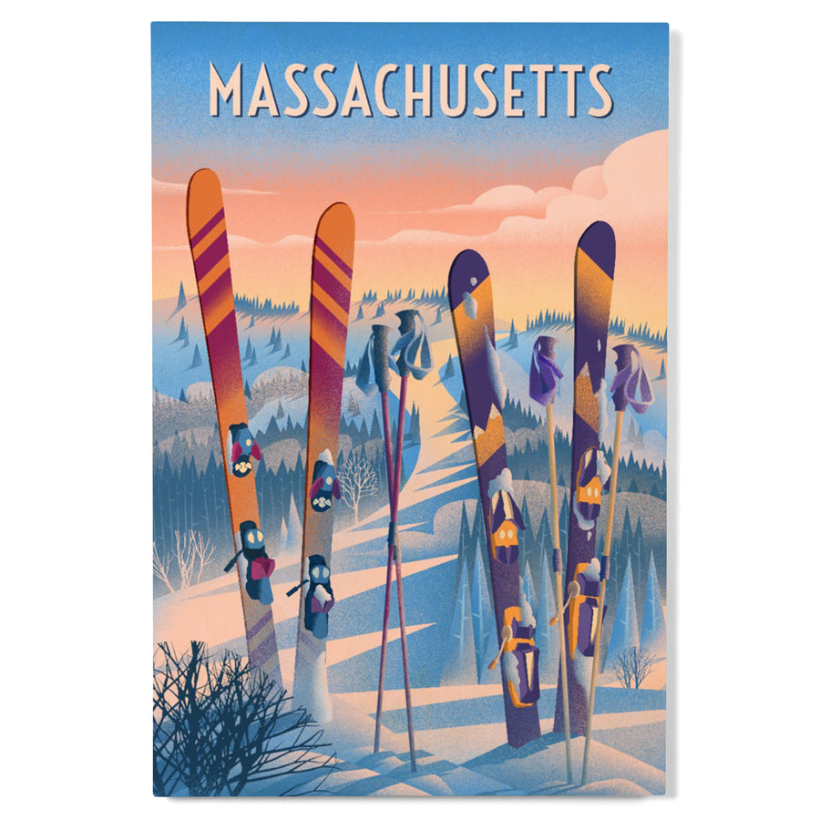 Massachusetts, Prepare for Takeoff, Skis in Snowbank, Wood Signs and Postcards Wood Lantern Press
