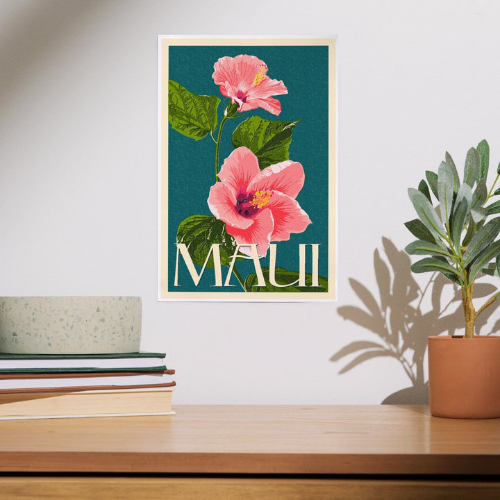 Maui, Hawaii, Pink Hibiscus Flower Letterpress, Art & Giclee Prints - Lantern Press