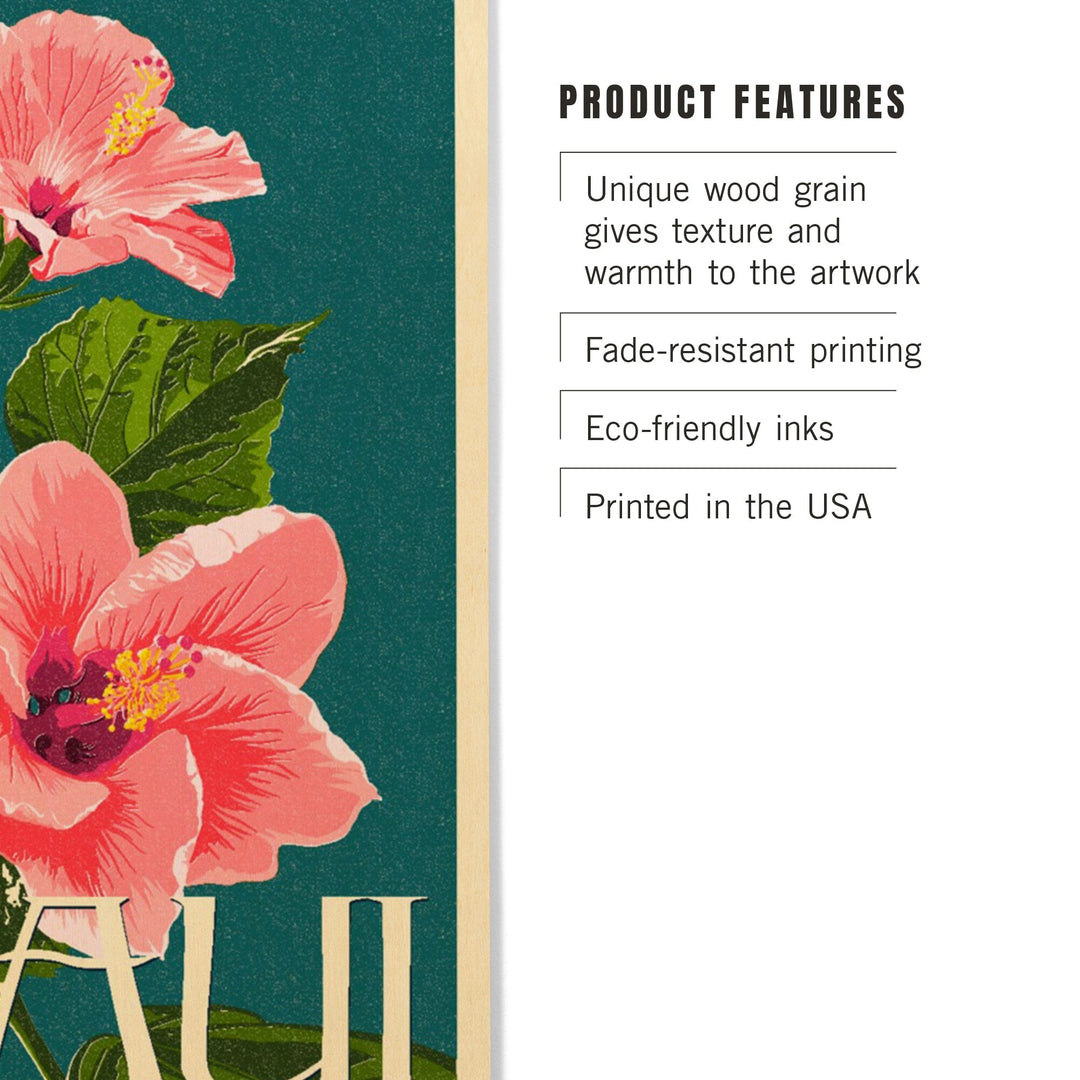 Maui, Hawaii, Pink Hibiscus Flower Letterpress, Lantern Press Artwork, Wood Signs and Postcards - Lantern Press