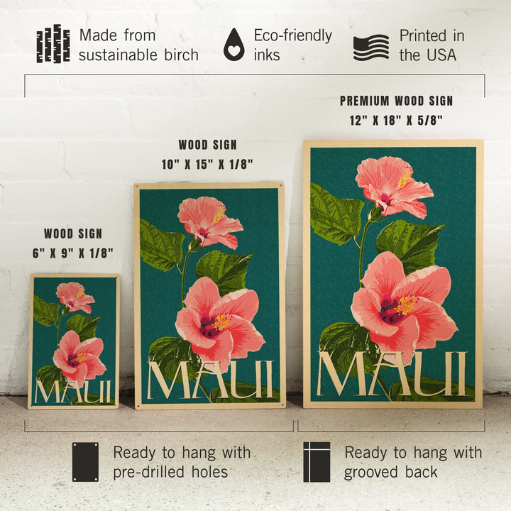 Maui, Hawaii, Pink Hibiscus Flower Letterpress, Lantern Press Artwork, Wood Signs and Postcards - Lantern Press