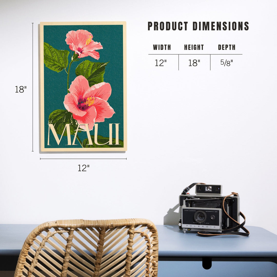 Maui, Hawaii, Pink Hibiscus Flower Letterpress, Lantern Press Artwork, Wood Signs and Postcards - Lantern Press