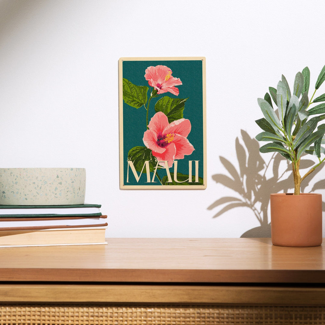 Maui, Hawaii, Pink Hibiscus Flower Letterpress, Lantern Press Artwork, Wood Signs and Postcards - Lantern Press
